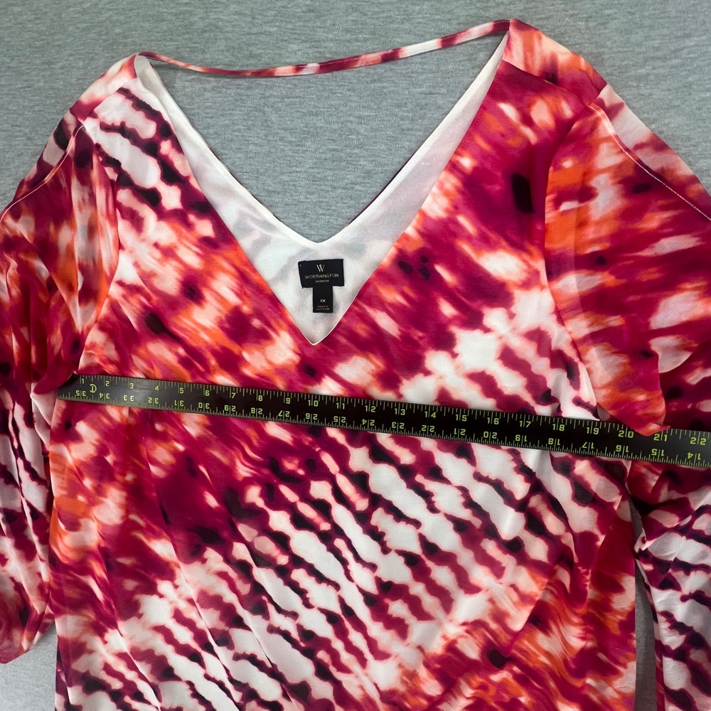 Worthington Blouse Women 1X Red Pink Tie Dye V-Neck 3/4 Sleeve Chiffon Lined - Picture 5 of 5